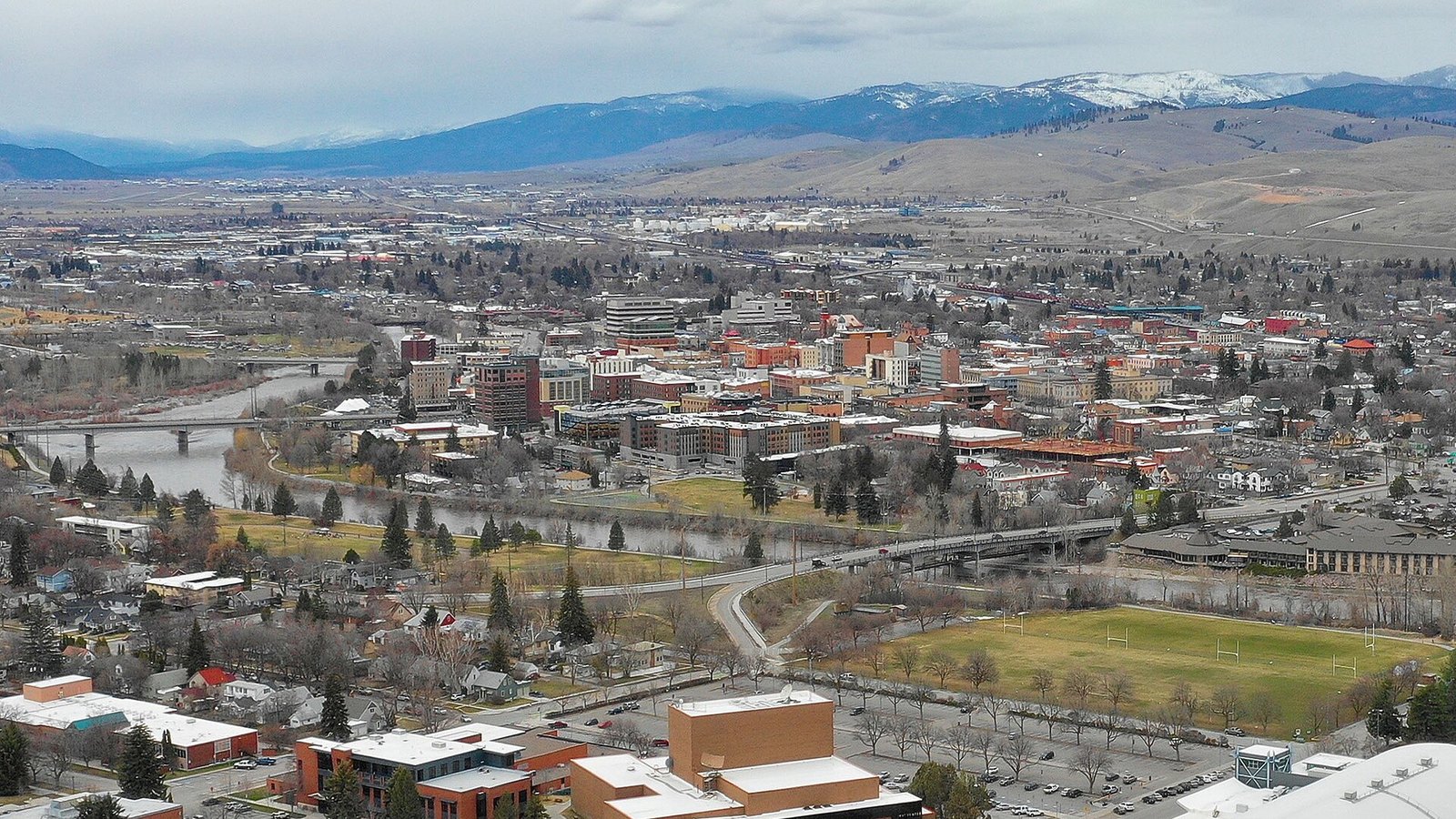 Skyline of Missoula, Montana, with surrounding hills