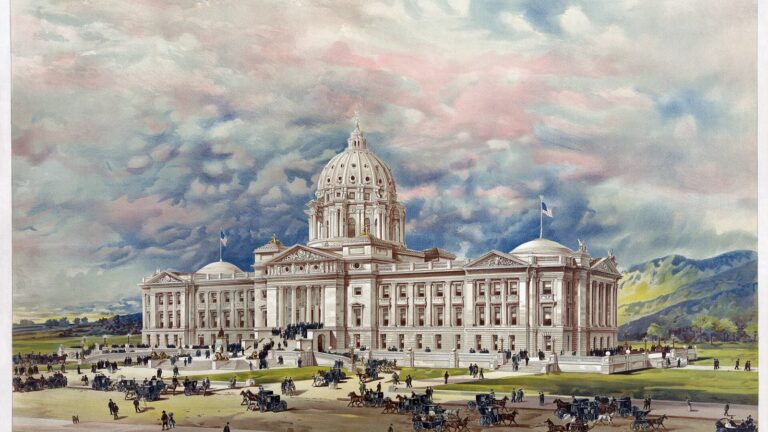 Print showing 1896 artist's conception of the state capitol building in Helena, Montana with busy street scene of carriages and coaches, and large gro