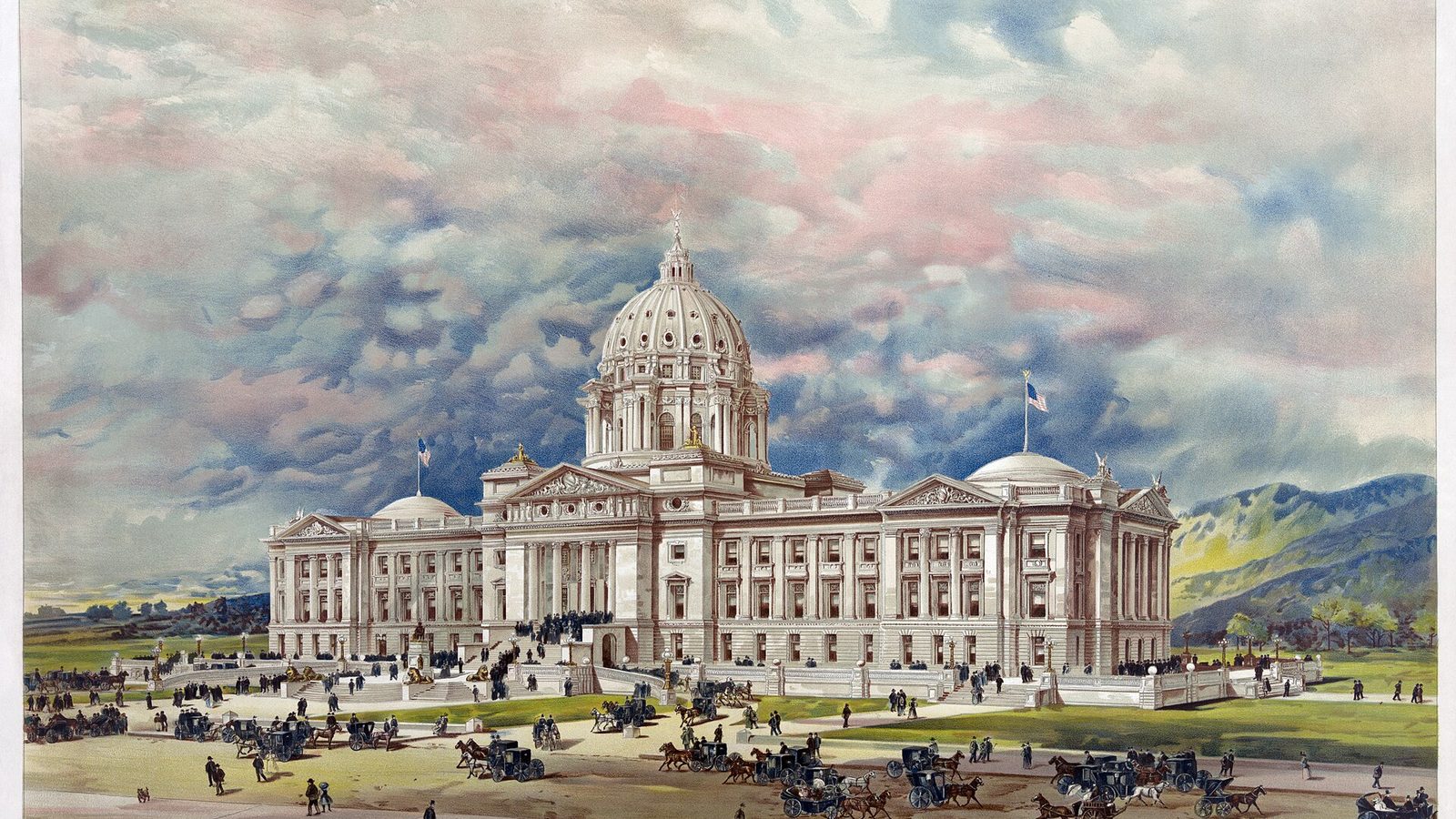 Print showing 1896 artist's conception of the state capitol building in Helena, Montana with busy street scene of carriages and coaches, and large gro