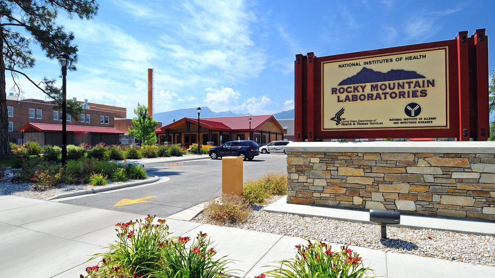 Front entrance sign of Rocky Mountain Laboratories in Hamilton, Montana